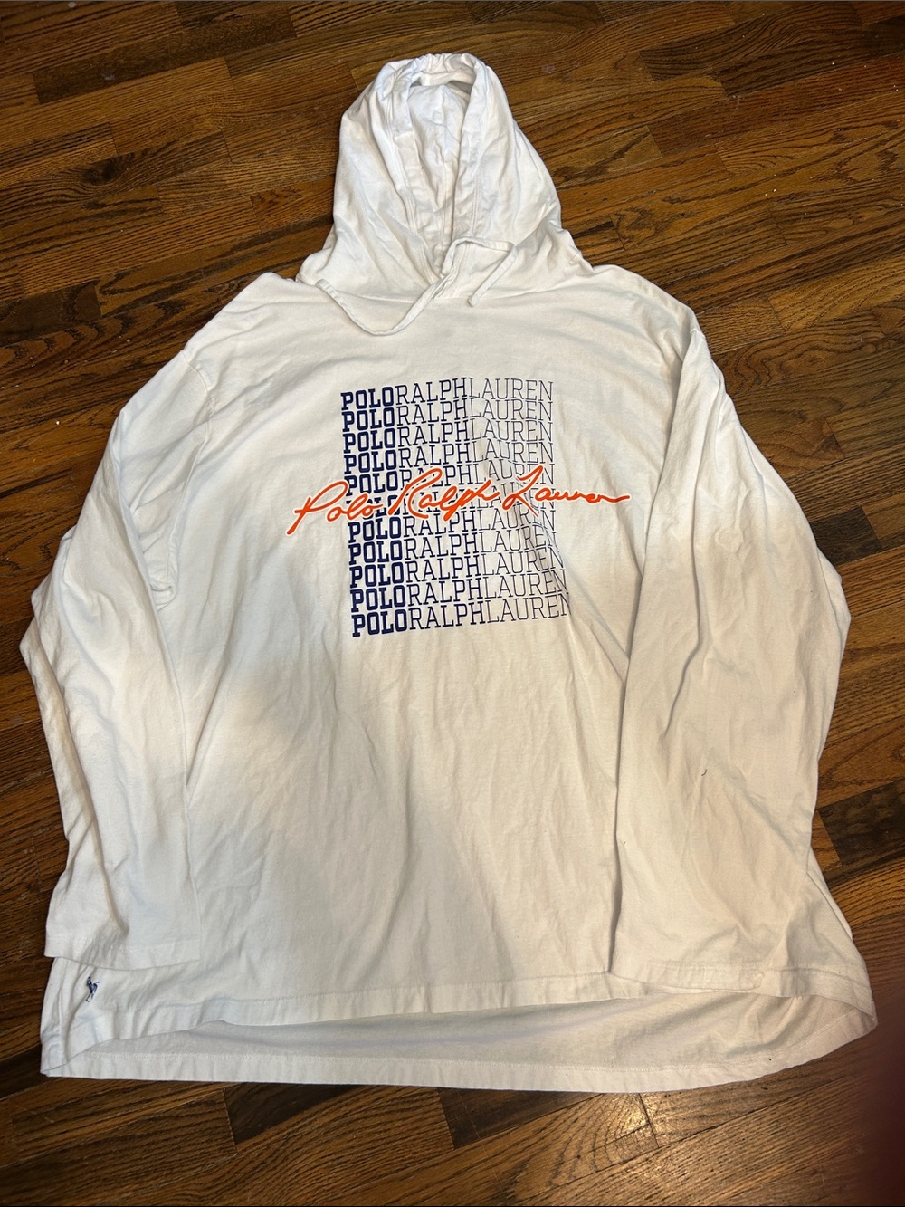 Polo by Ralph Lauren White Hoodie with Navy Block Text and Orange Script